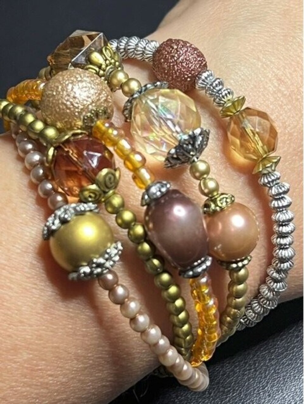 B7441 Treska Multi-Strand Wrap Bracelet Gold Tone Amber Earthy Beaded Jewelry